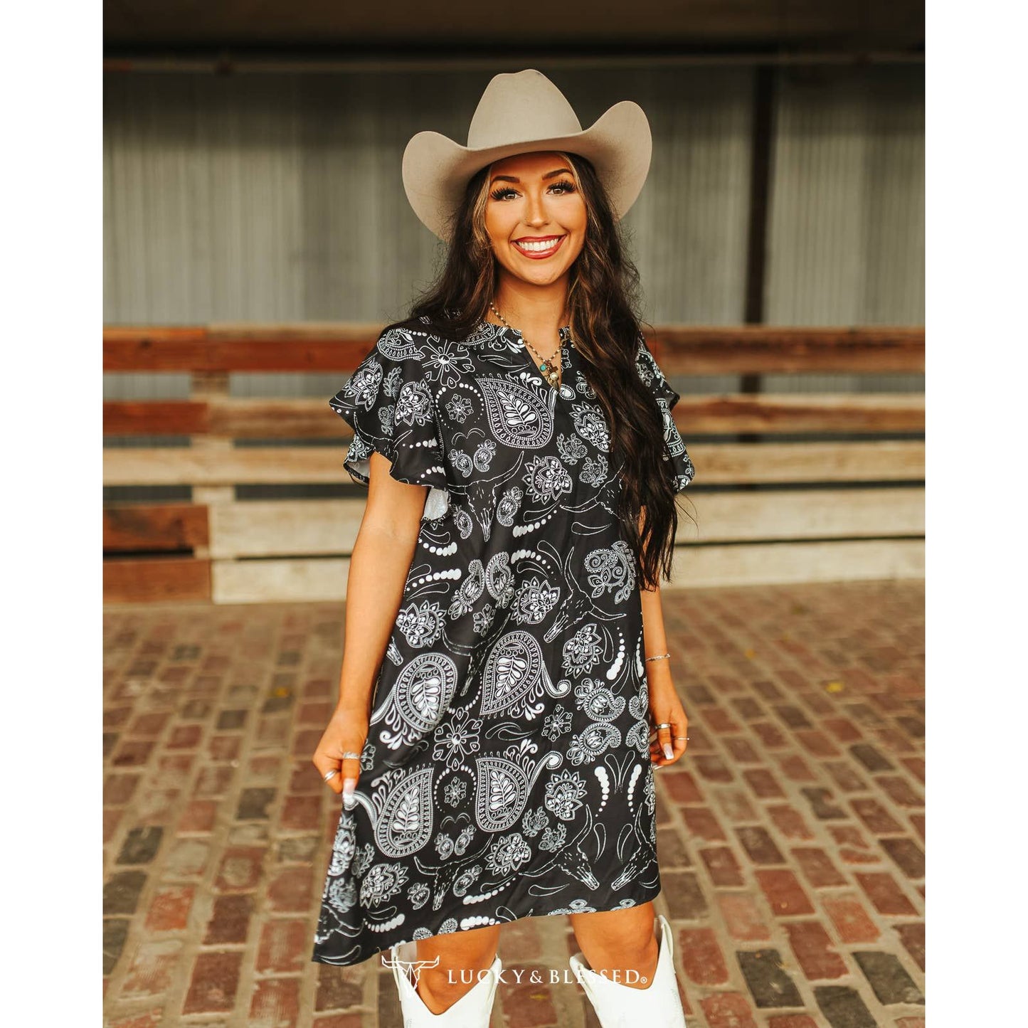 LUCKY & BLESSED - Black Paisley Ruffle Sleeve Dress