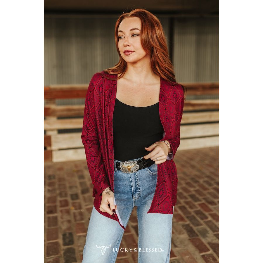 RED AZTEC PRINTED FRENCH TERRY LONG SLEEVE CARDIGAN