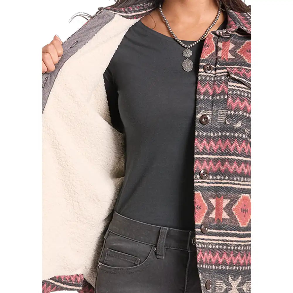 ROCK & ROLL DENIM
Women’s Sherpa Lined Shacket – Black & Red Aztec BW92C09418