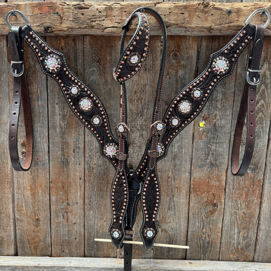 Dark Oil Floral Copper Dot AB One Ear / Breastcollar Tack Set #OEBC428