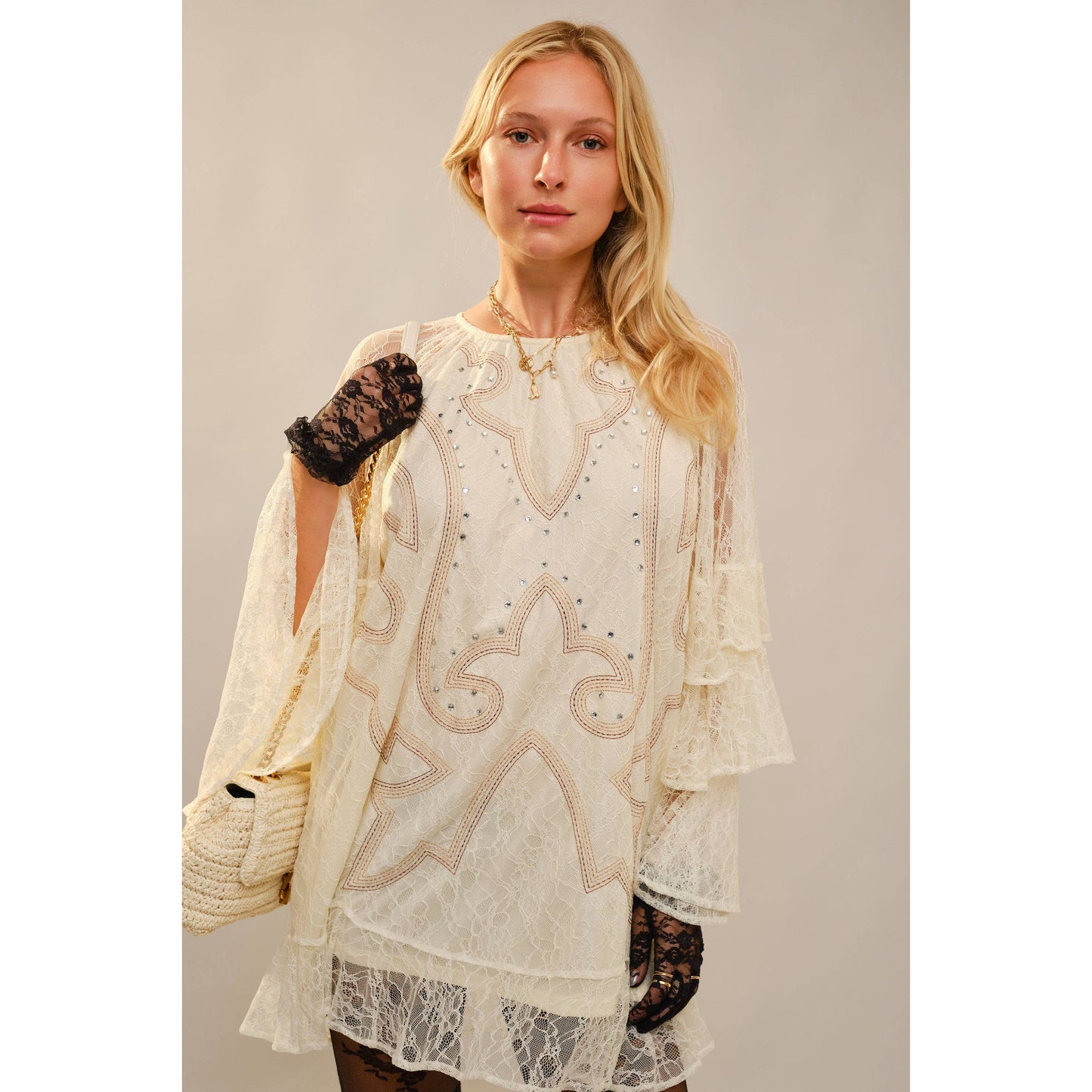 Round Neck Western Embroidery Ruffle Sleeve Dress 23729D