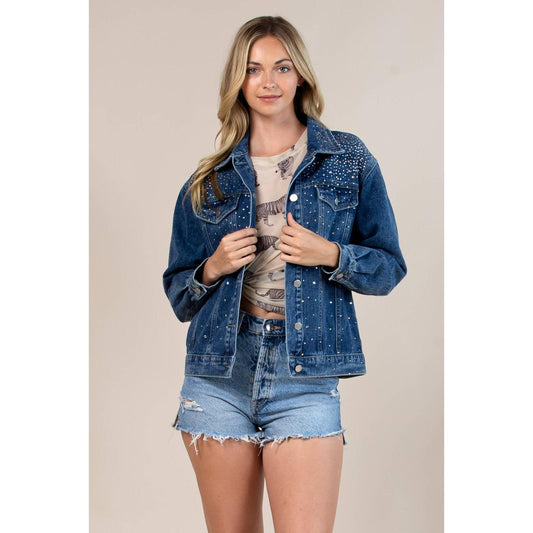 Nylon Apparel - 63003-Denim Rhinestones Collared Jacket