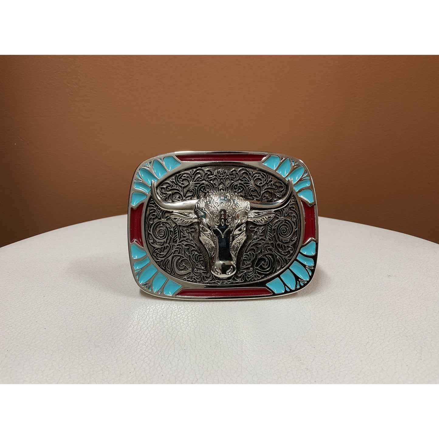 Western Edge Buckle -Longhorn w/ Maroon & Turquoise TBB5006