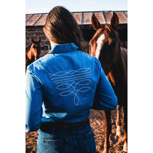 Boot Stitch denim pearl snap top