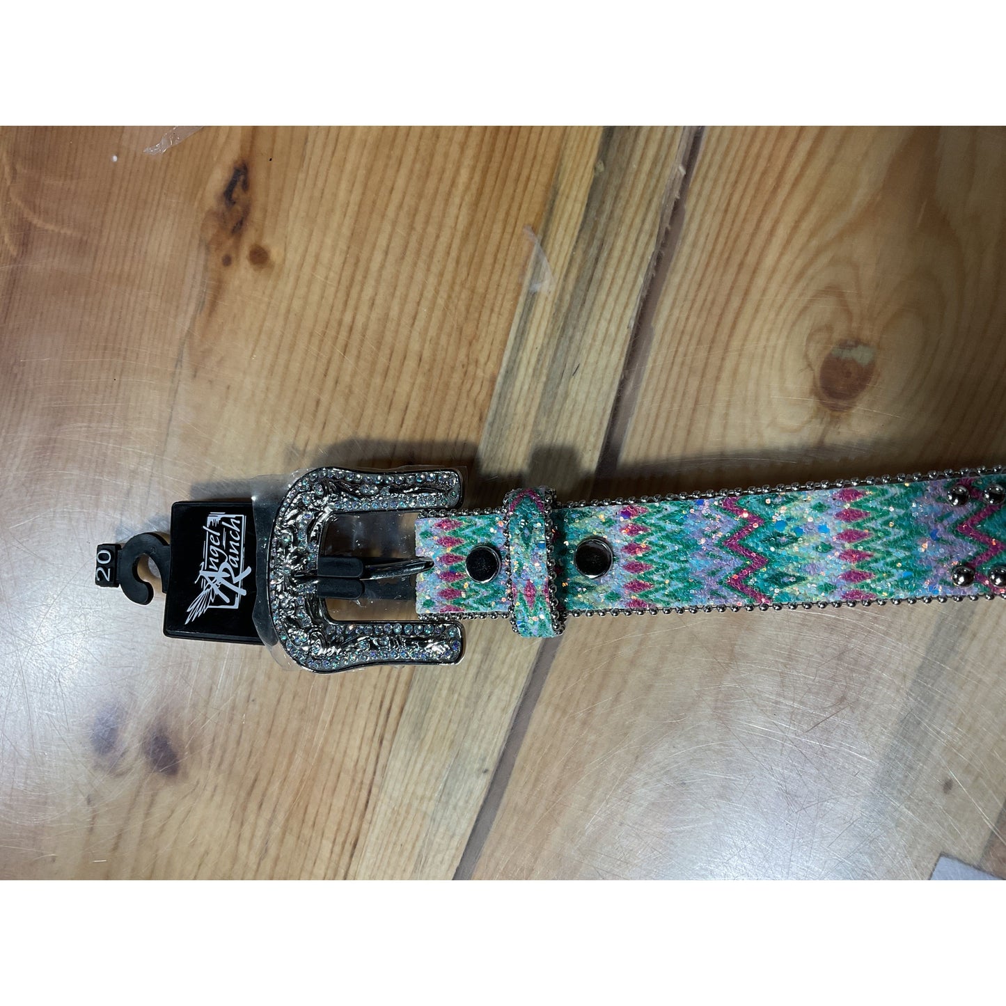 Angel Ranch Girls Belt -Leather, Southwestern Sparkle Green and Pink, Rhinestone, D130001997