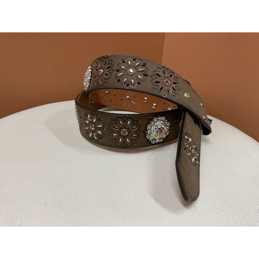 Ladies Belt, Leather, Brown, Cut-out, Concho, Pink Rhinestone, No Buckle