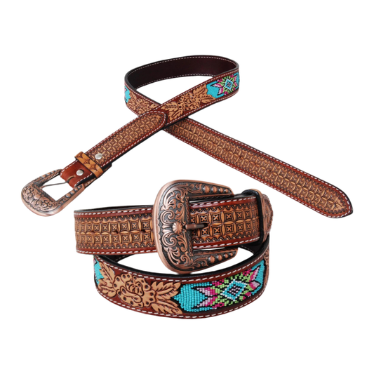 Rafter T Ranch Company- Ladies- BELT 1.5”- LT Oil, Inlay Beaded & Rose Tooled, Copper Buckle BT529