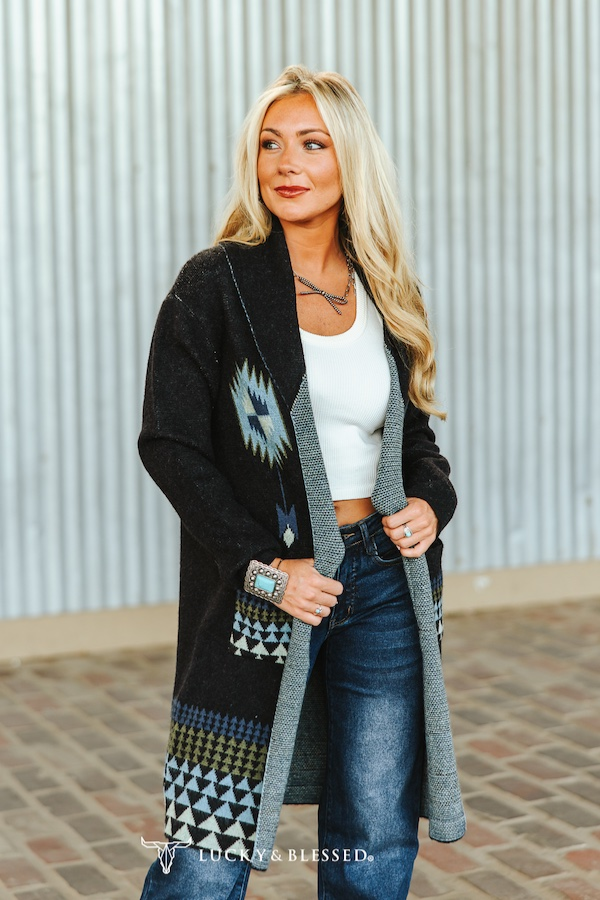 Black Turquoise Aztec Long Sleeve Knitted Cardigan