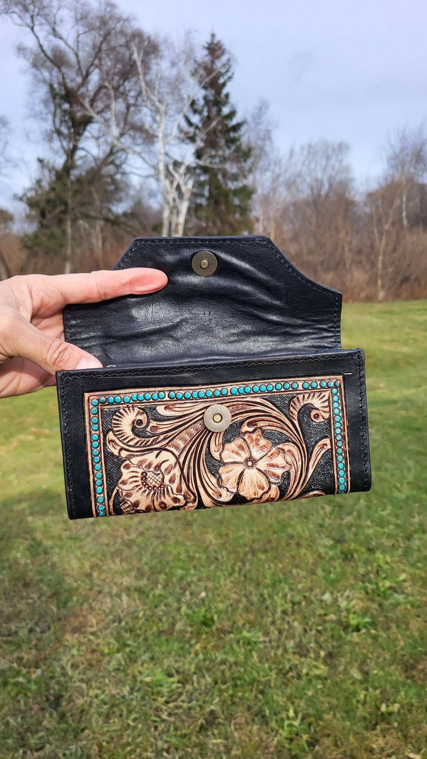 Handcrafted Leather Cowhide Wallet  Tooled Turquoise