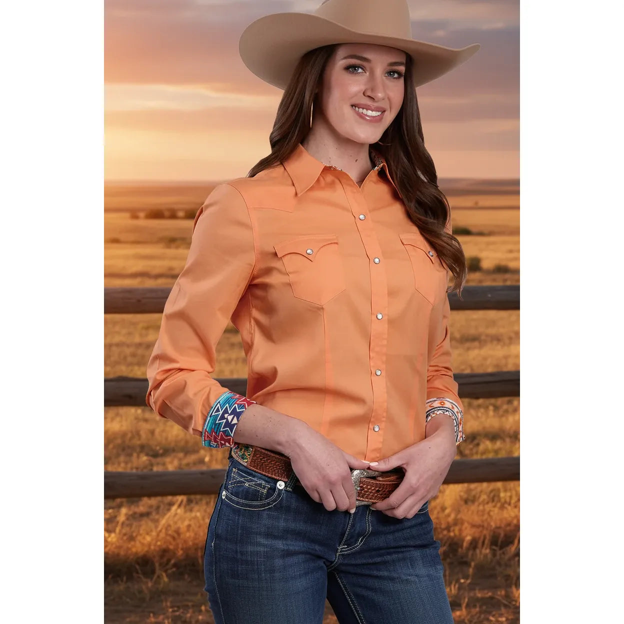 Roper Ladies Solid Orange Long Sleeve Snap Shirt I  tem:03-050-0060-0319