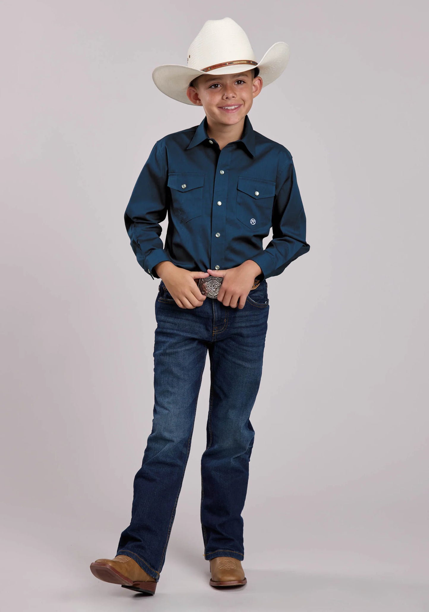 Boys Roper Solid Stretch Poplin Navy Long Sleeve Snap Shirt Regular 03-030-0265-4102 BU