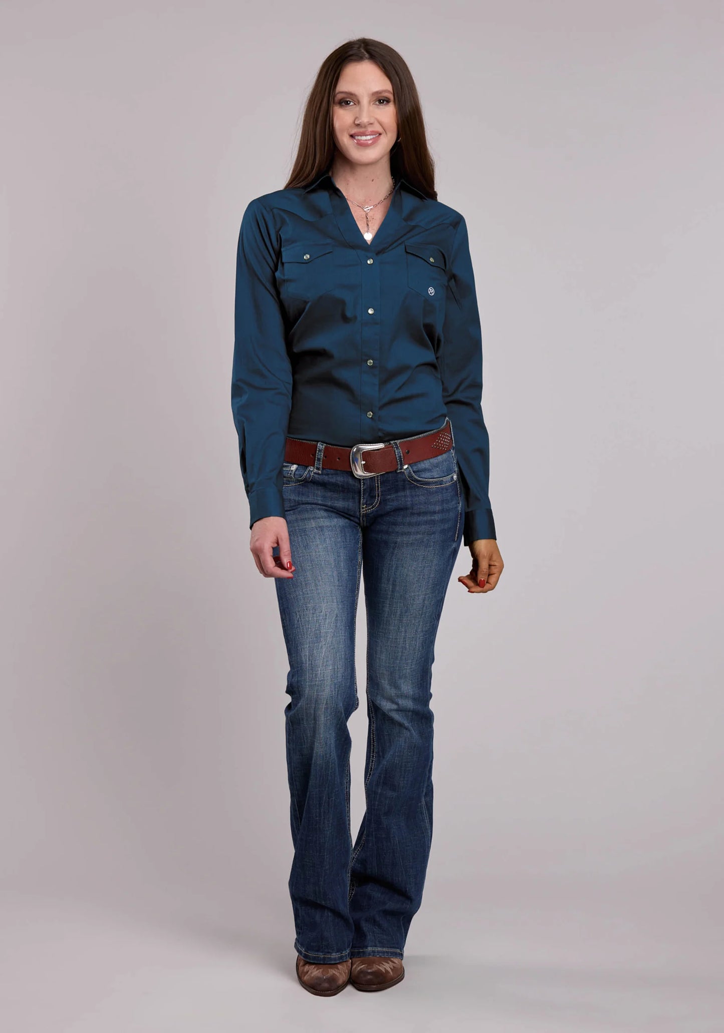 Ladies Roper Solid Stretch Poplin Navy Long Sleeve Snap Shirt Regular 03-030-0265-4102 BU (Copy)