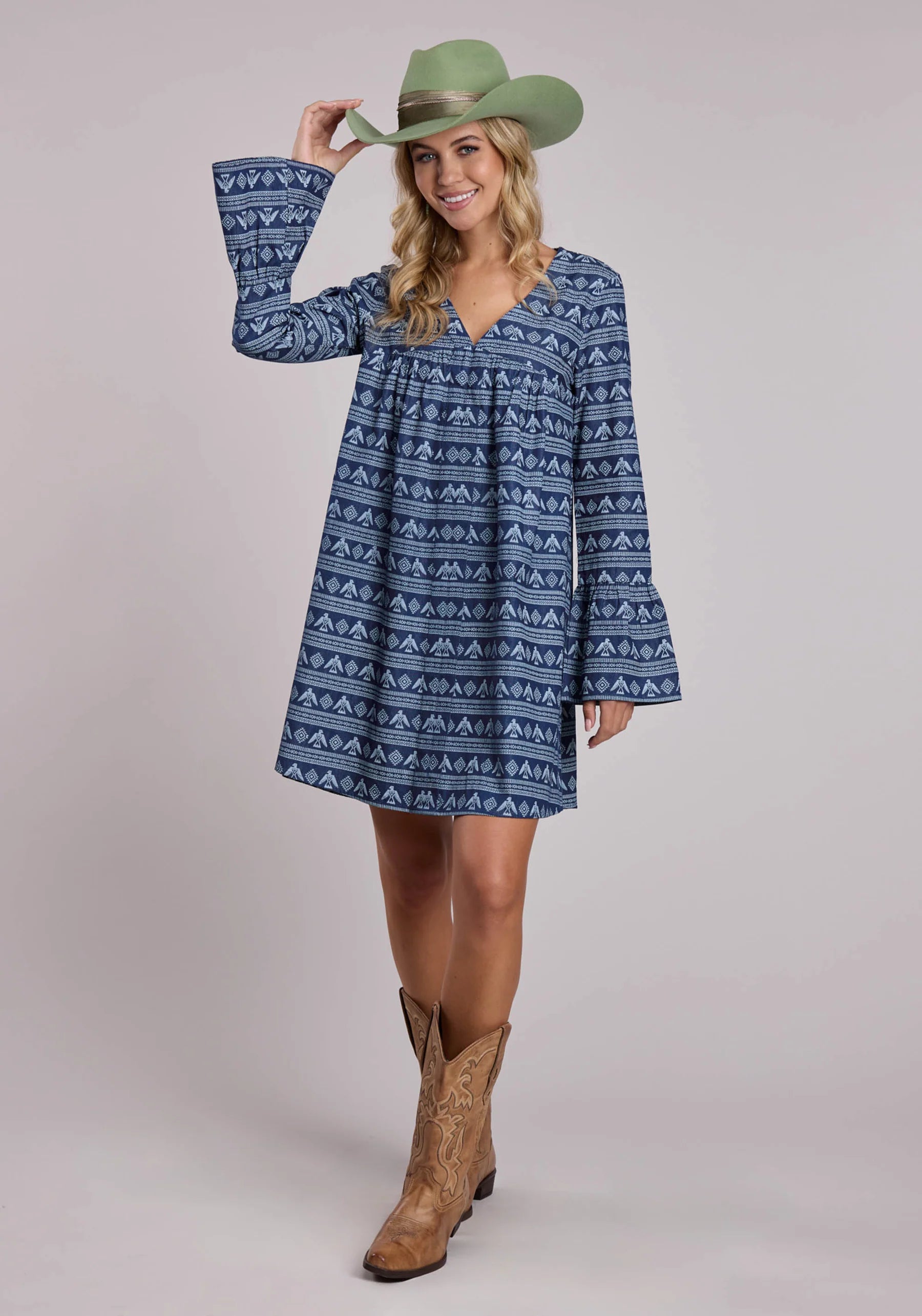 Womens Roper Printed Denim Knee Length Long Sleeve Dress 03-057-0594-5067 BU