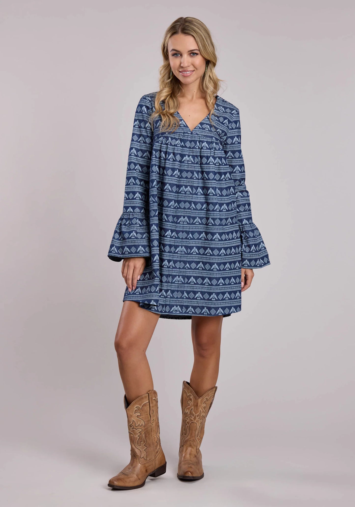 Womens Roper Printed Denim Knee Length Long Sleeve Dress 03-057-0594-5067 BU