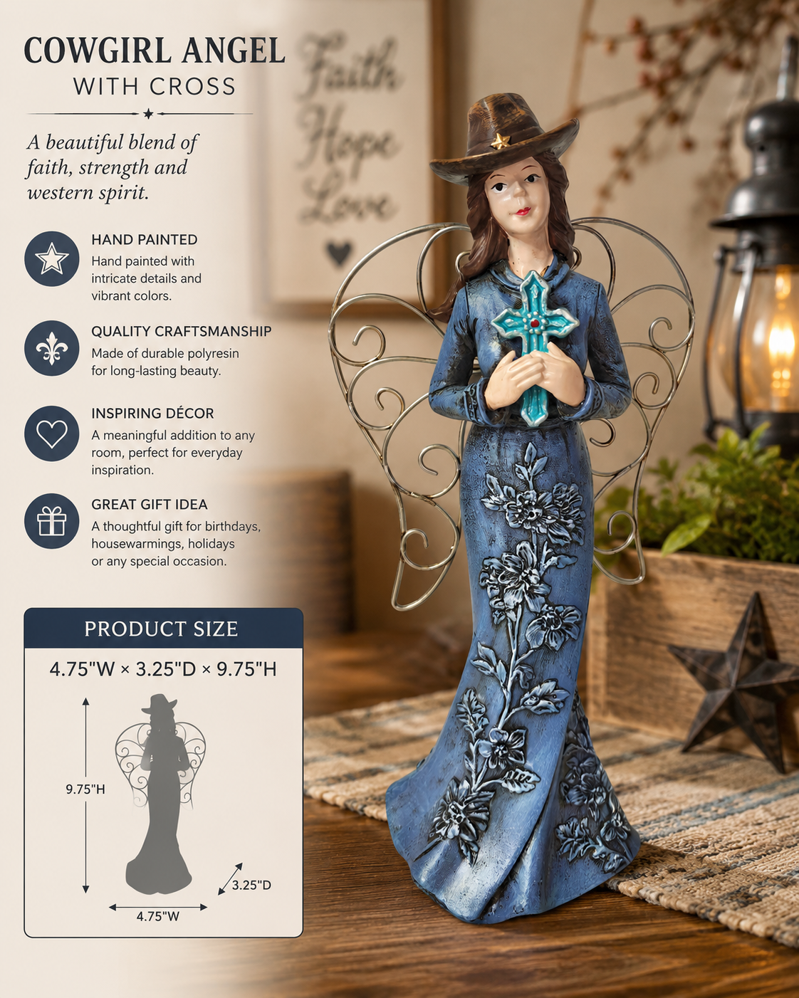 Western Cowgirl Angel Figurine with Turquoise Cross