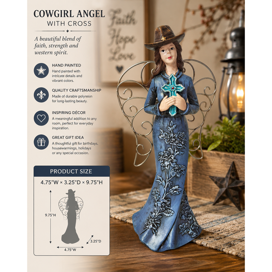Western Cowgirl Angel Figurine with Turquoise Cross
