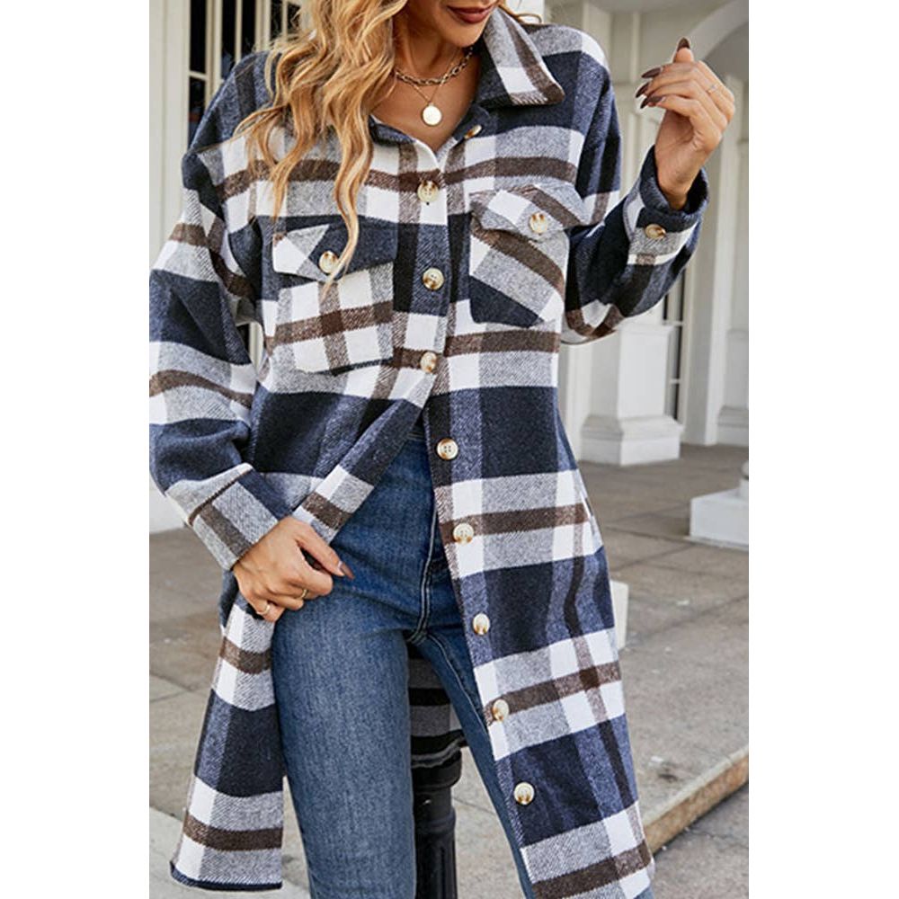 Long Plaid Coat Striped Button Up Side Poacketed Jacket