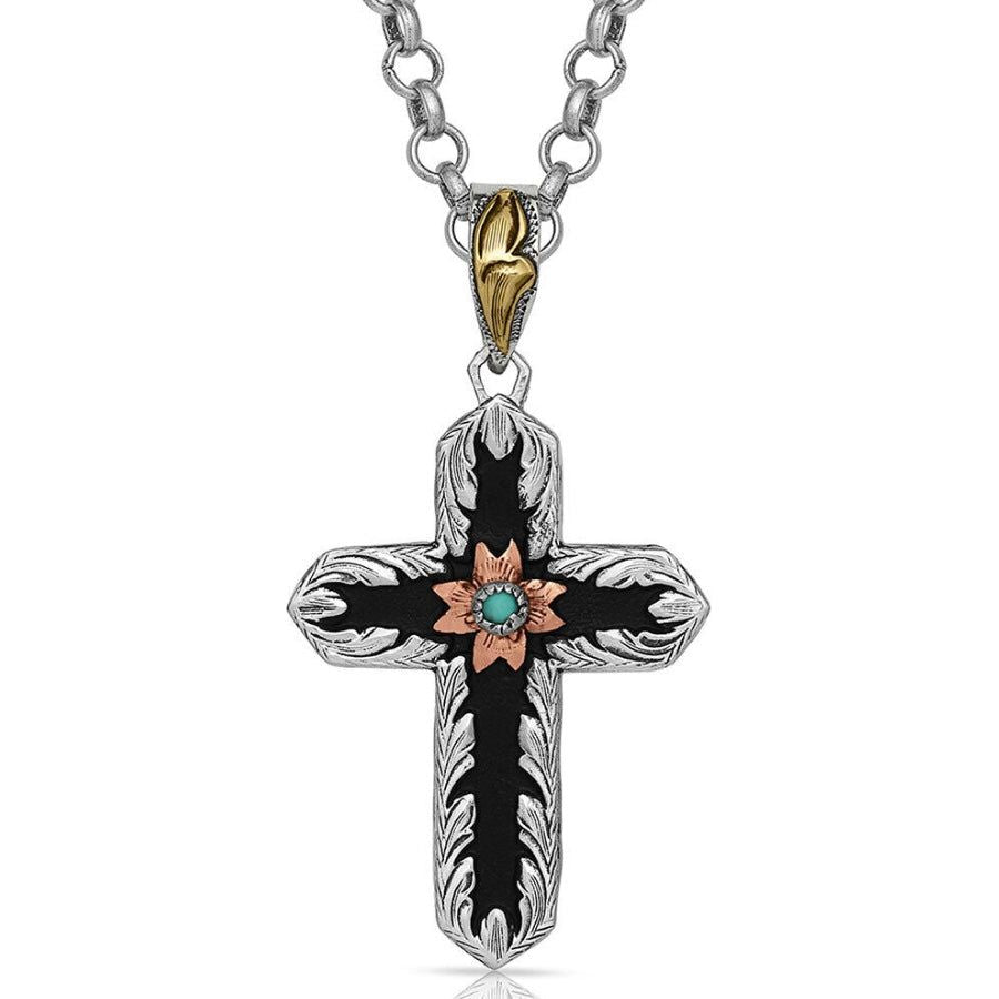 Antiqued Two Tone Radiating Cross Necklace