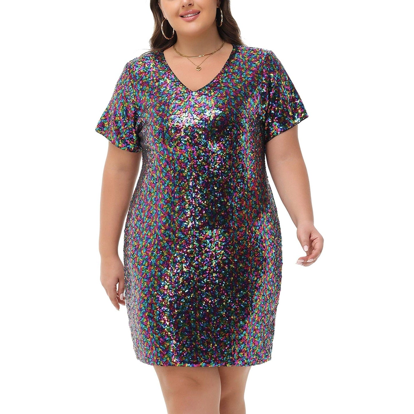 Plus Size Short Sleeve V Neck Sequin Dresses