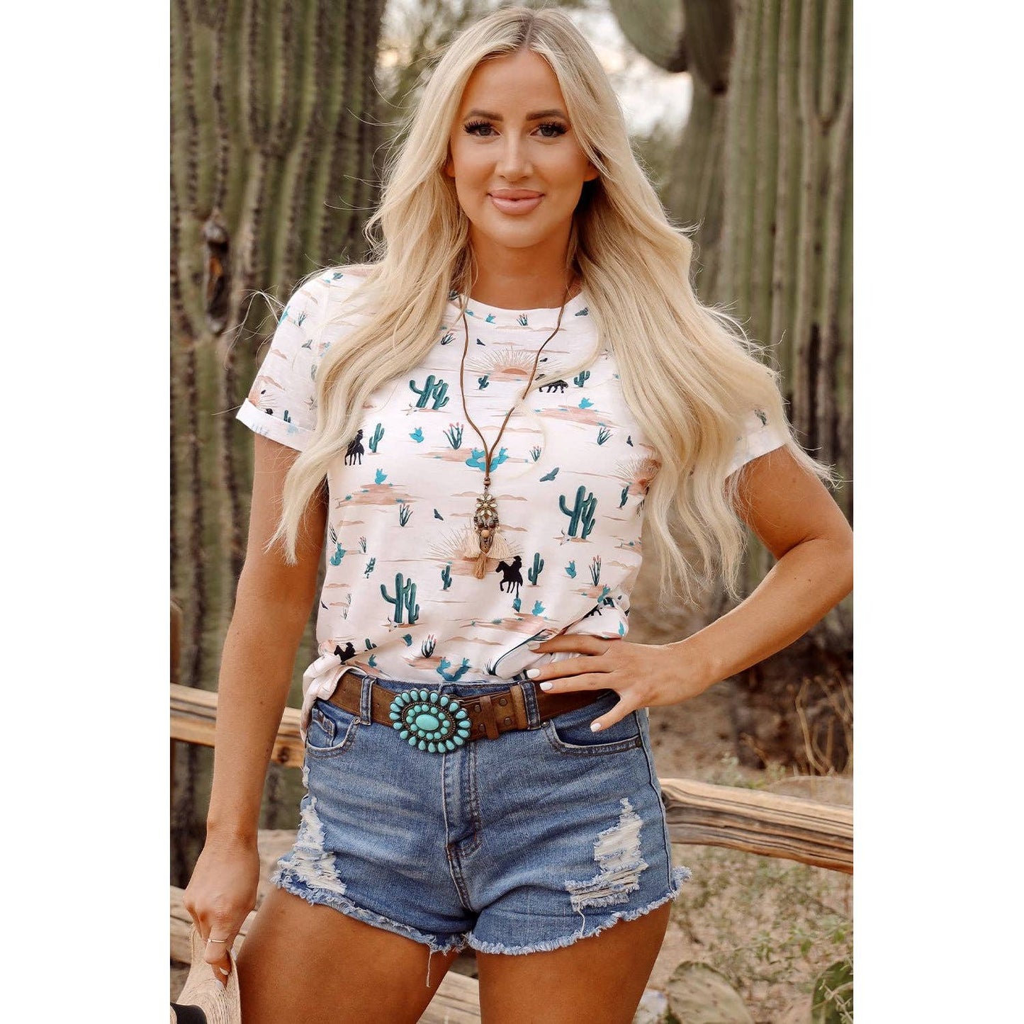 PRETTY BASH Western Cactus Crew Neck Short Sleeve Top