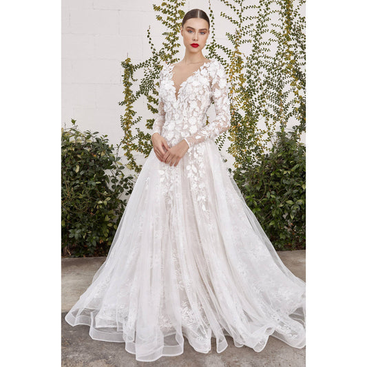 LONG SLEEVE WEDDING BLL GOWN WITH LACE LAYERS & APPLIQUE
