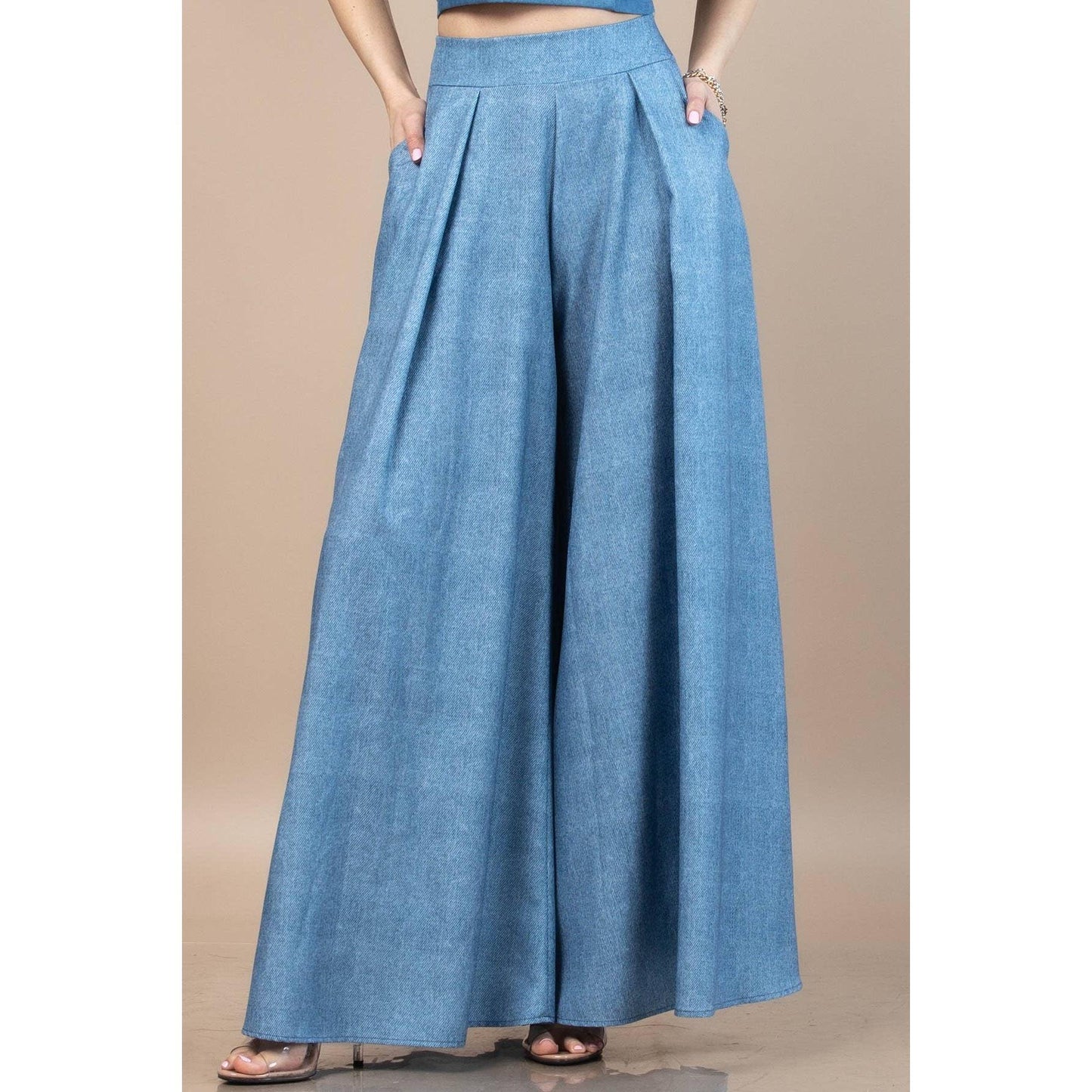 Nylon Apparel - P919-5174-Denim Custom  Print Wide Leg Palazzo Pants