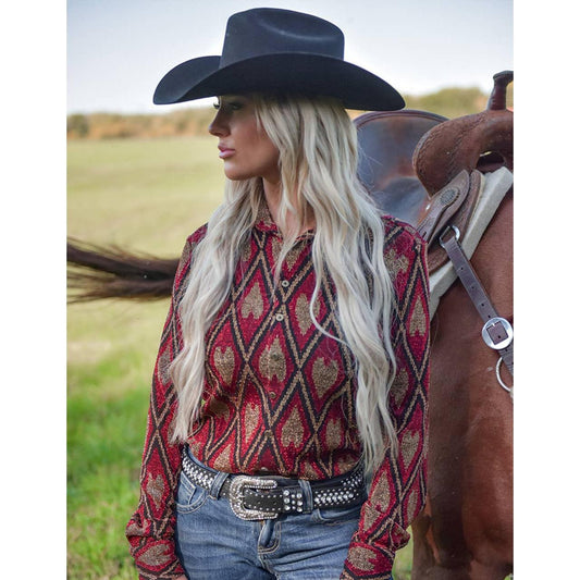 Cowgirl Tuff Co. / B. Tuff Jeans - Pullover Button Up with Red Shimmery Diamonds and Hearts