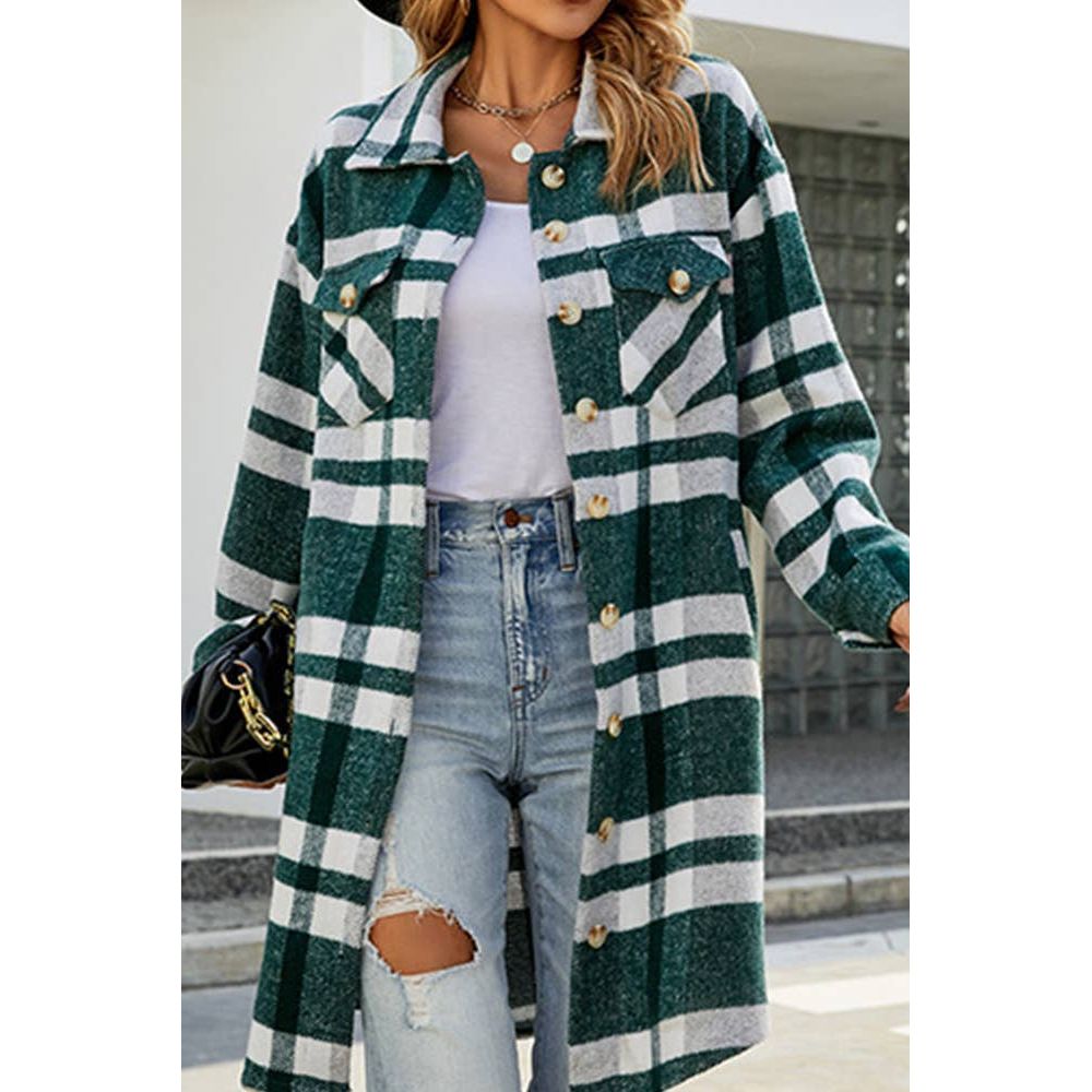 Long Plaid Coat Striped Button Up Side Poacketed Jacket