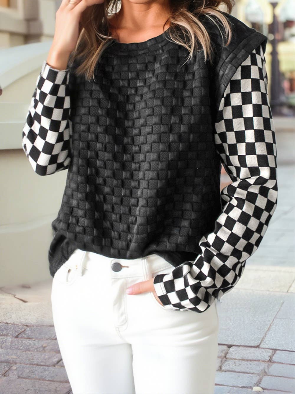 Plaid Textured Contrast Checkered Patchwork Long Sleeve Top