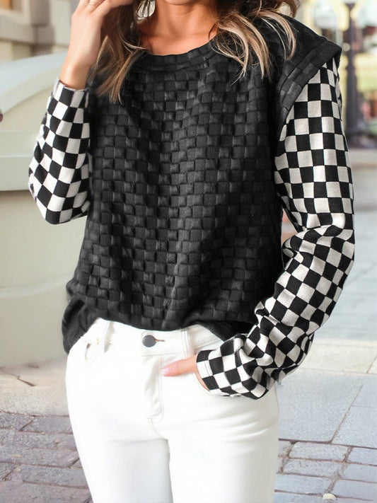 Plaid Textured Contrast Checkered Patchwork Long Sleeve Top