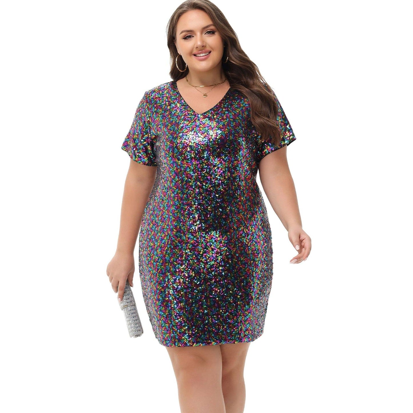 Plus Size Short Sleeve V Neck Sequin Dresses