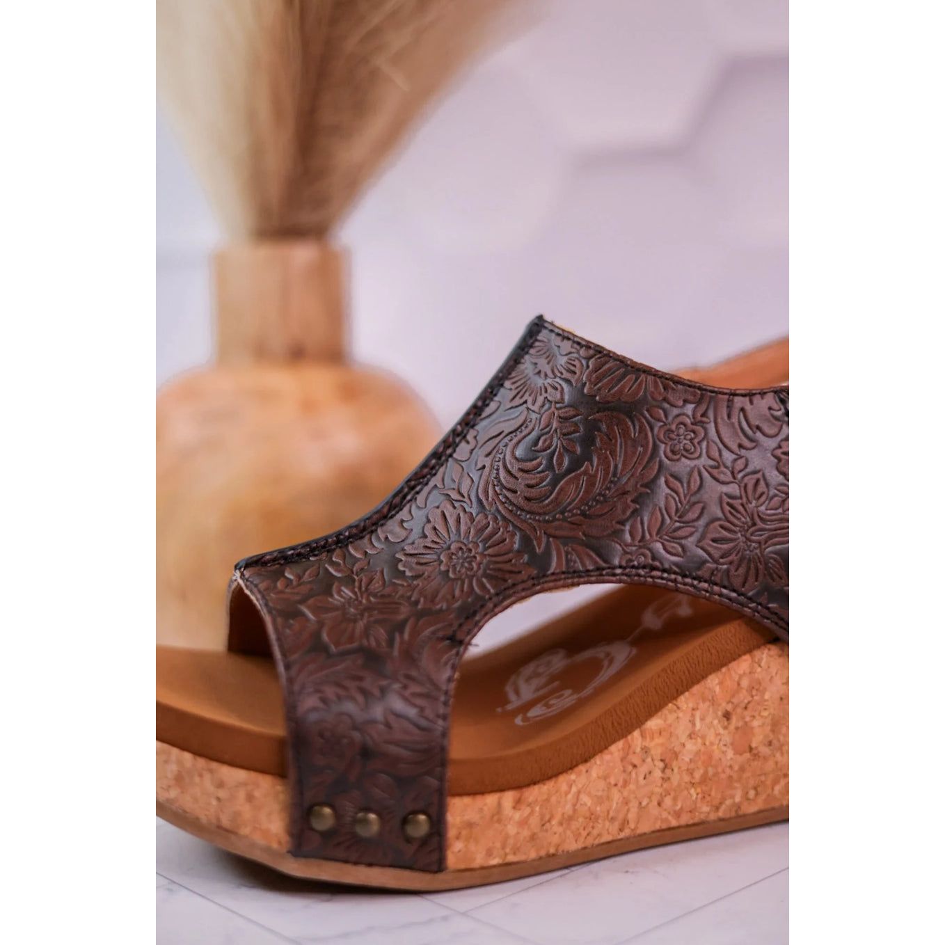 Isabella Tooled Chocolate Wedge Sandal