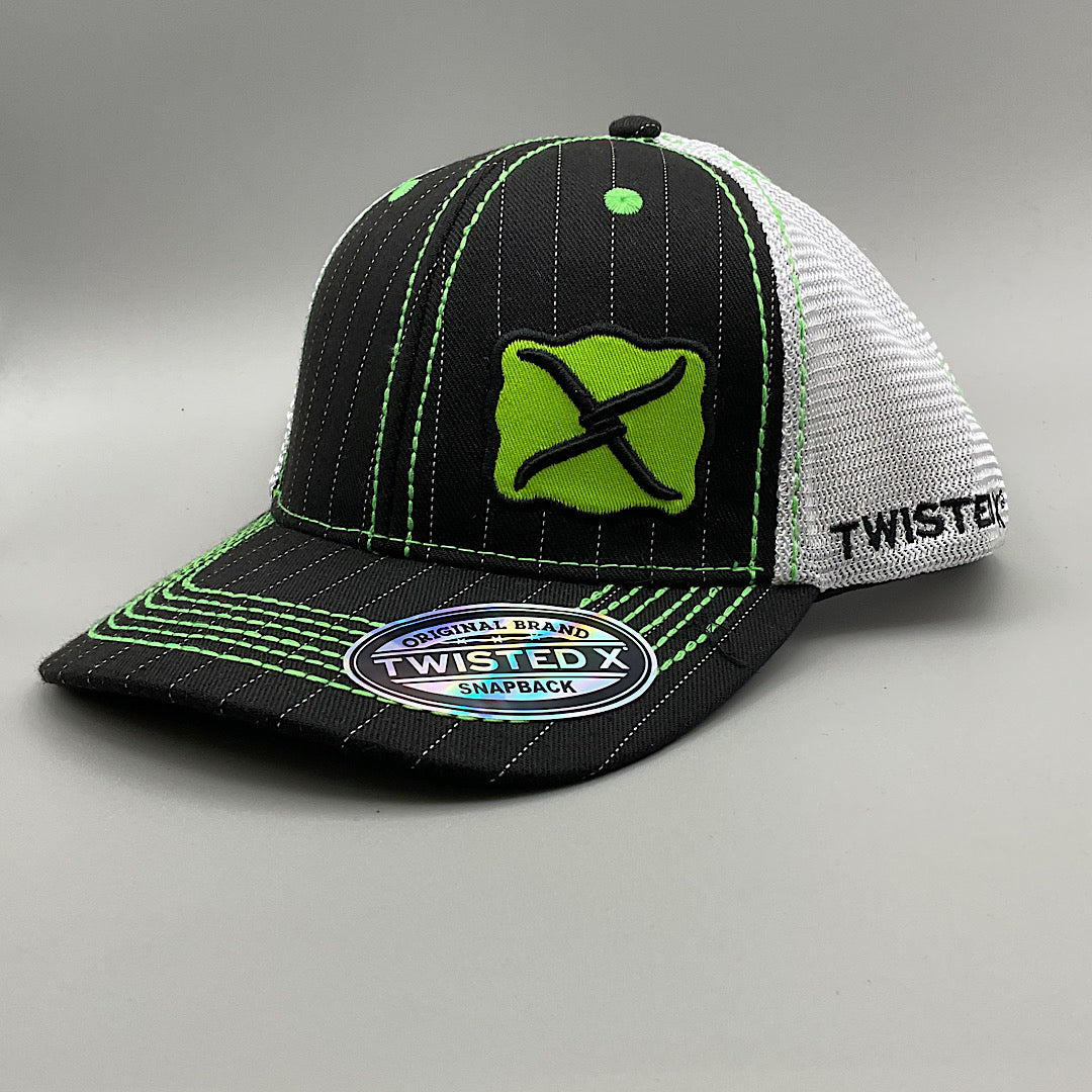 Twisted X - Black Pinstripe Lime Green & White Embroidered Black & Lime Green Logo Snap Back Men’s Ball Cap XC-21