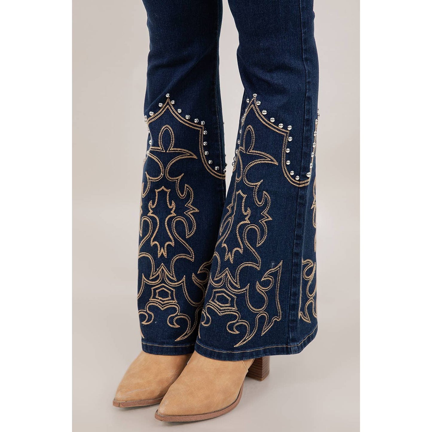 SIP6428A  DARK WASH EMBROIDERY AND STUD DETAIL DENIM PANTS