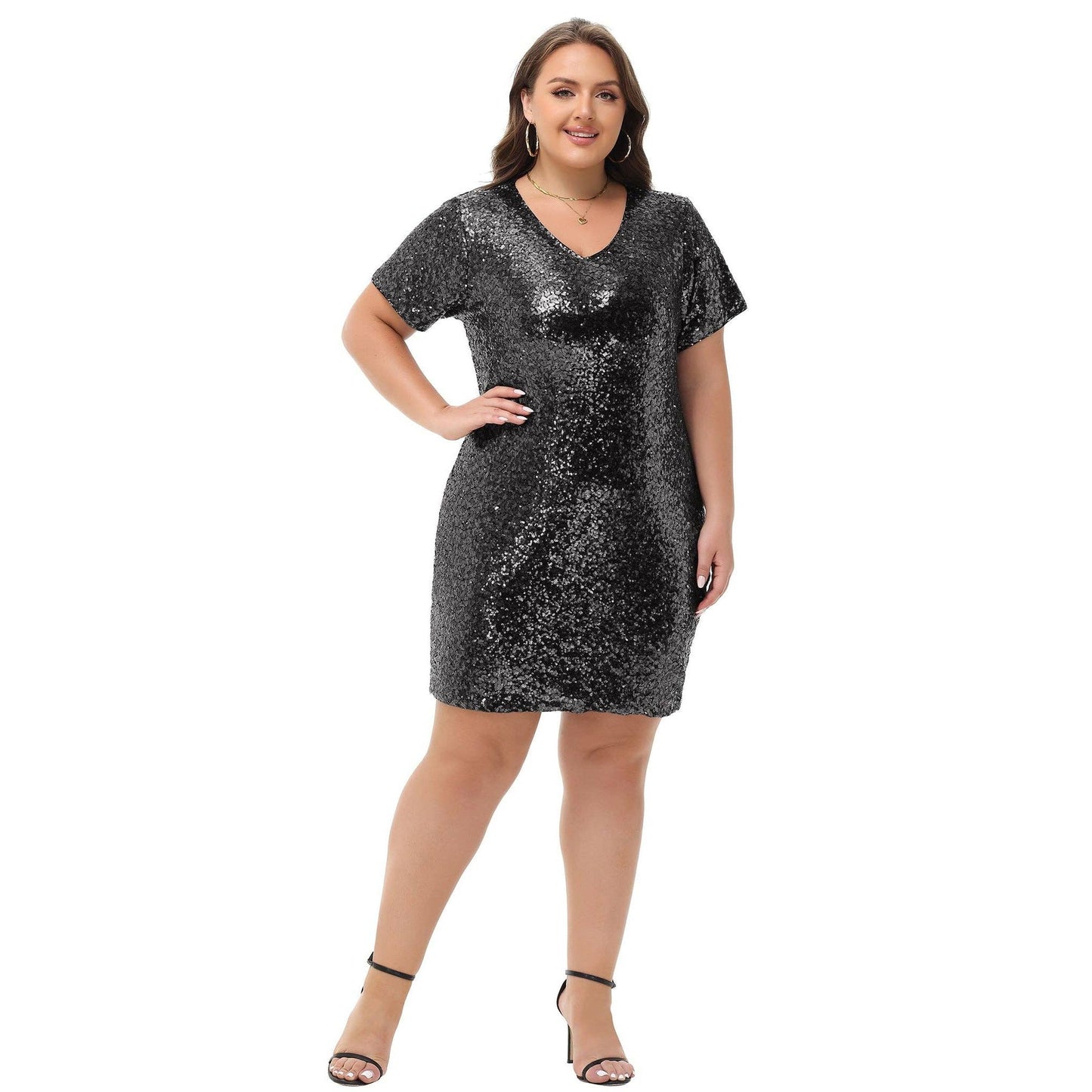 Plus Size Short Sleeve V Neck Sequin Dresses