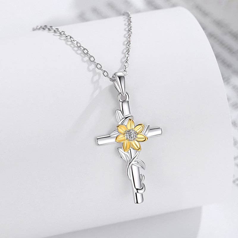 Gold Sunflower Cross Pendant Necklace in 925 Sterling Silver