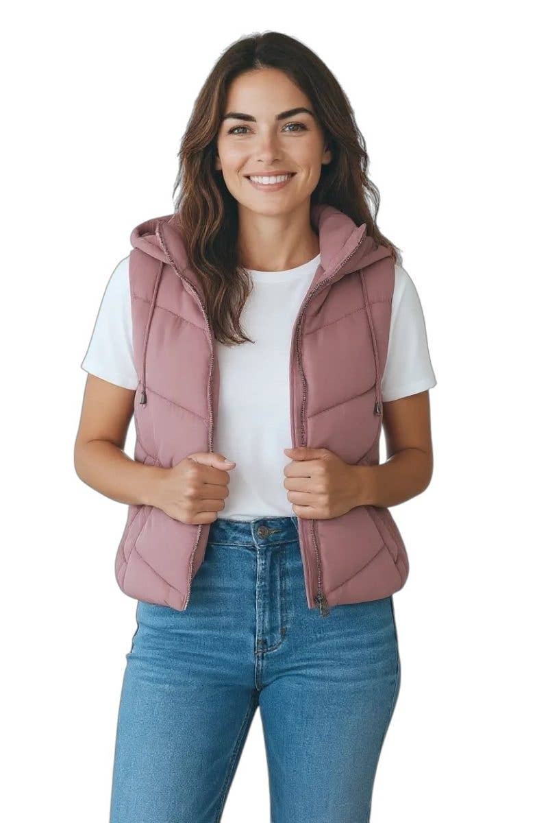 Woven Puffer Vest With Hood