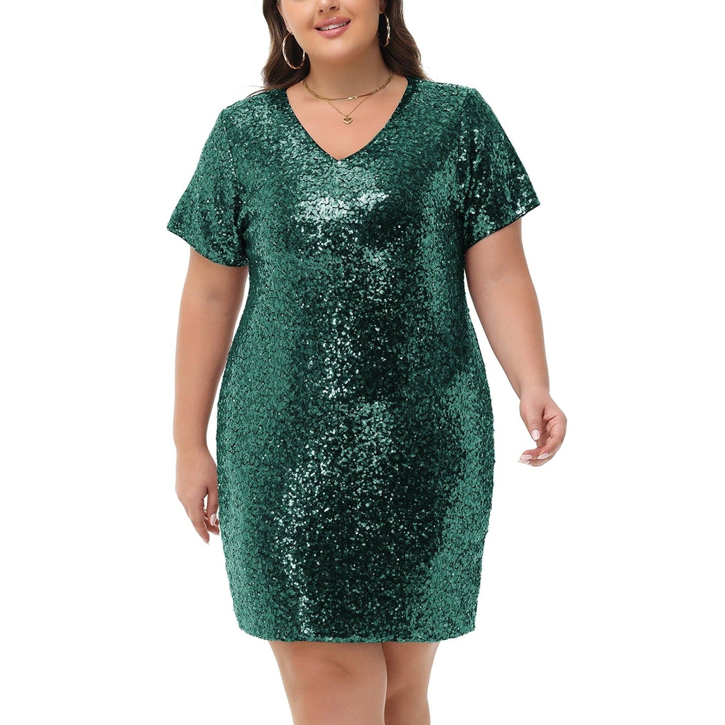 Plus Size Short Sleeve V Neck Sequin Dresses