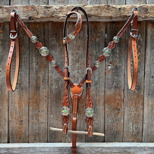 Rodeo Drive - Light Oil Floral Gold Cross, Turquoise Browband/One Ear Breastcollar Tack Set #BBBC676