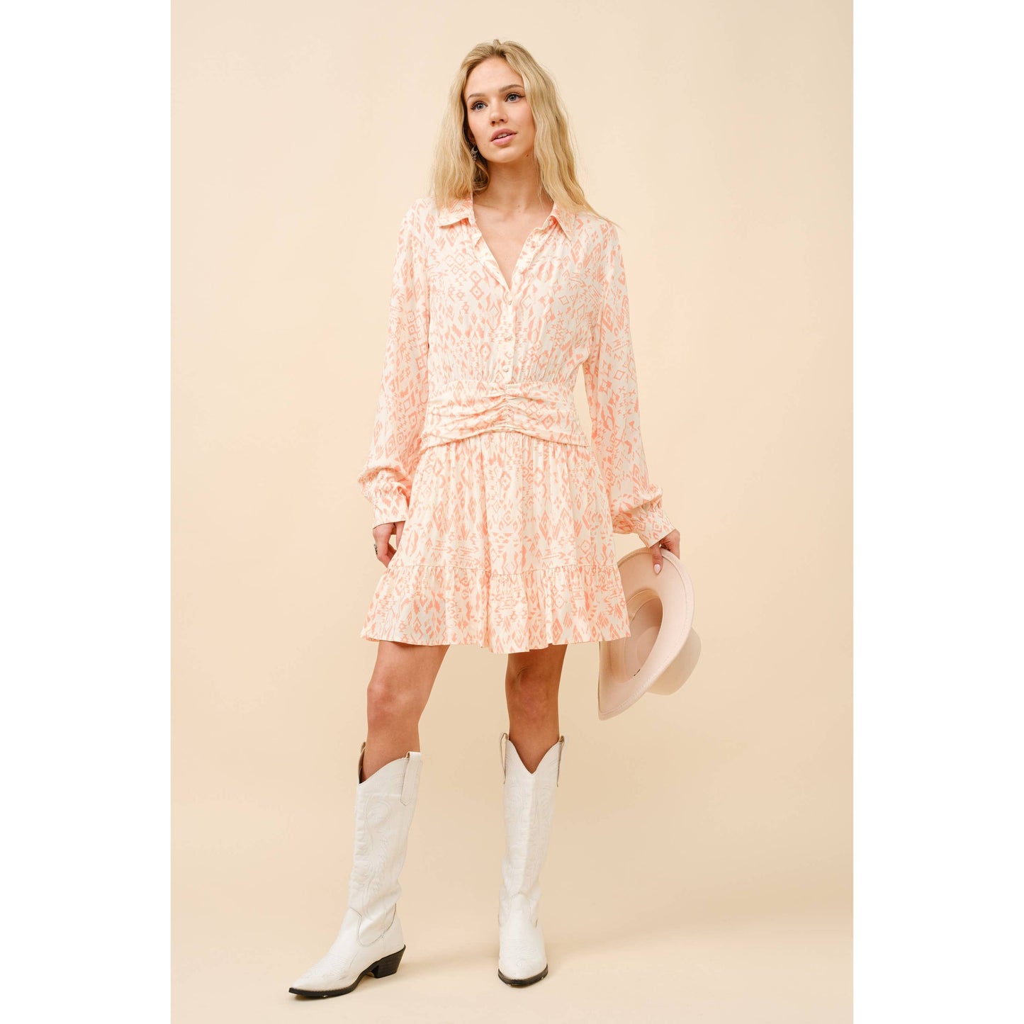 34940D - Ikat Aztec Print Button up Ruched Waist Shirt Dress