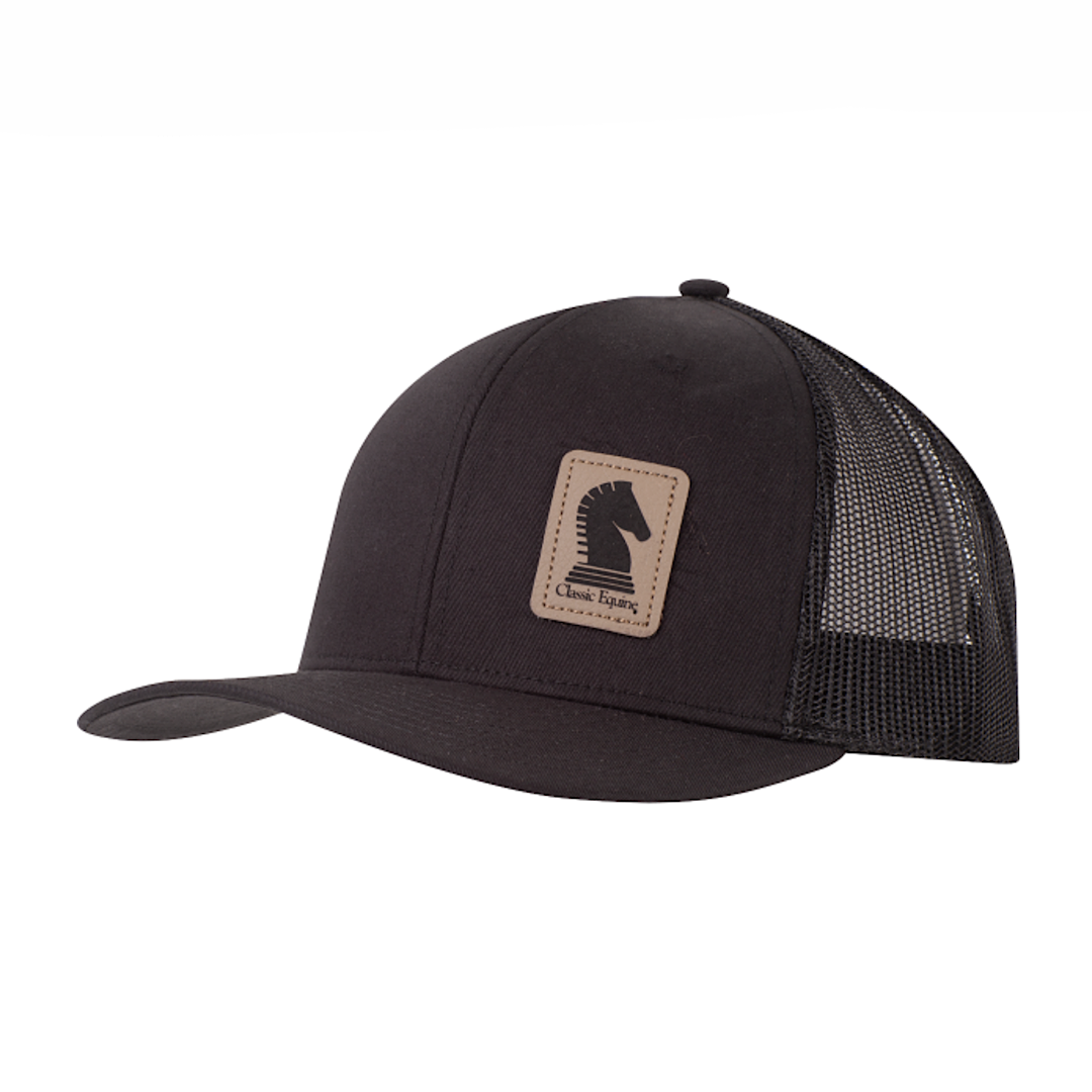 Classic Equine - Black With Brown Faux Leather Patch Snap Back Men’s Ball Cap CAPCE44CE1