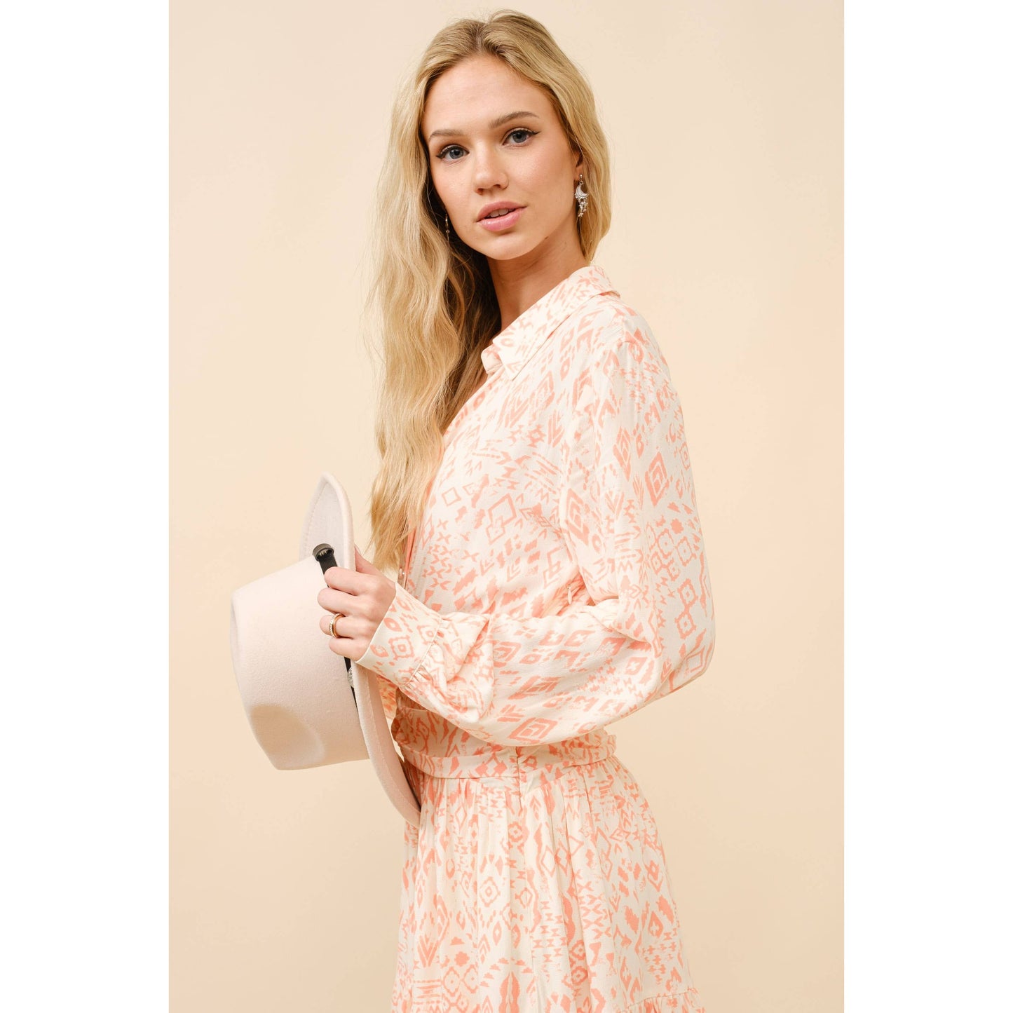 34940D - Ikat Aztec Print Button up Ruched Waist Shirt Dress