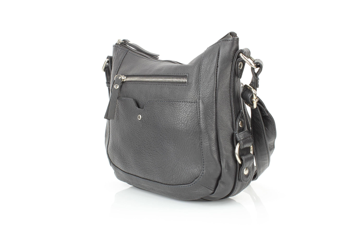 Black Leather Shoulder Bag with Silver Zip and Studs RB 159
