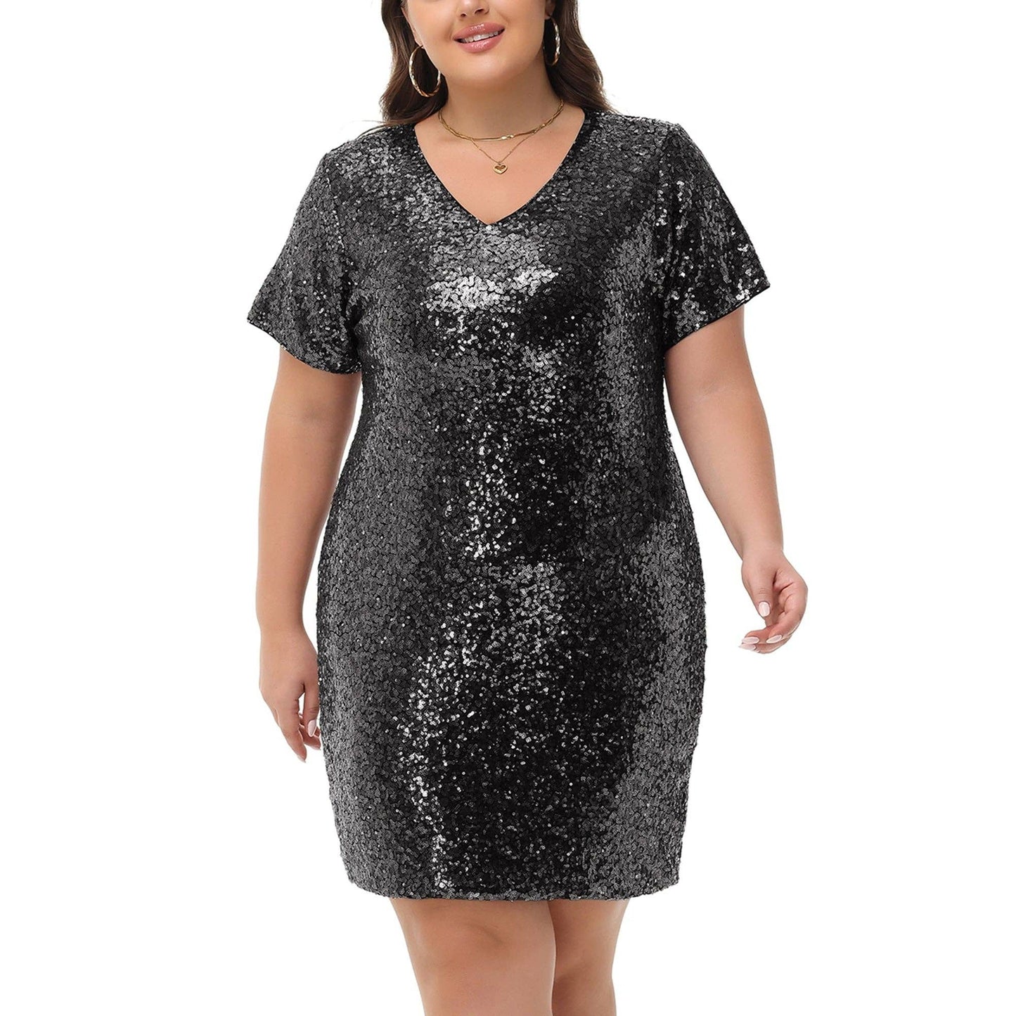 Plus Size Short Sleeve V Neck Sequin Dresses