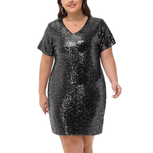Plus Size Short Sleeve V Neck Sequin Dresses