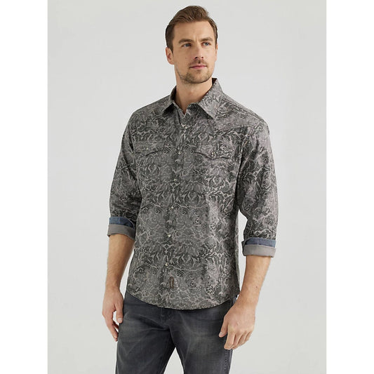 MEN'S WRANGLER® RETRO® PREMIUM LONG SLEEVE WESTERN SNAP PRINTED SHIRT IN DAMASK GRAY