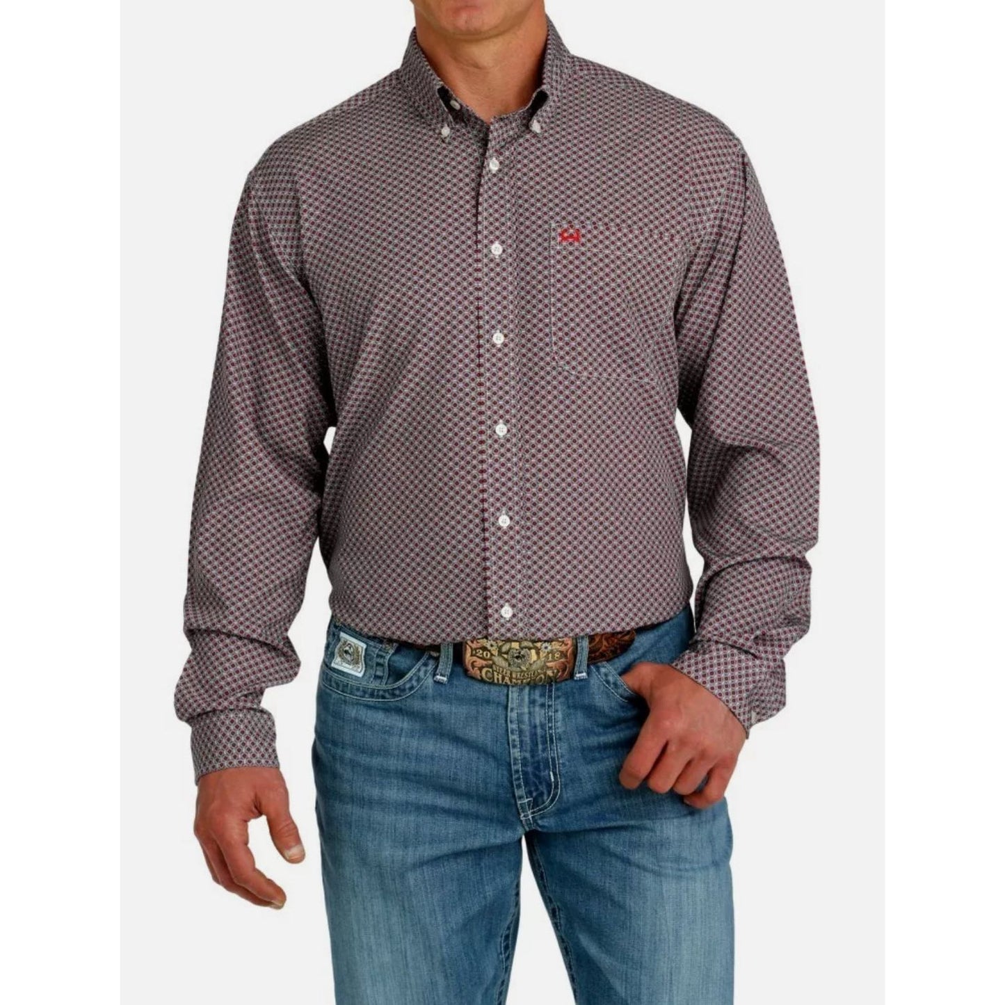 CINCH MEN'S ARENAFLEX GEO PRINT BUTTON-DOWN SHIRT IN BURGUNDY