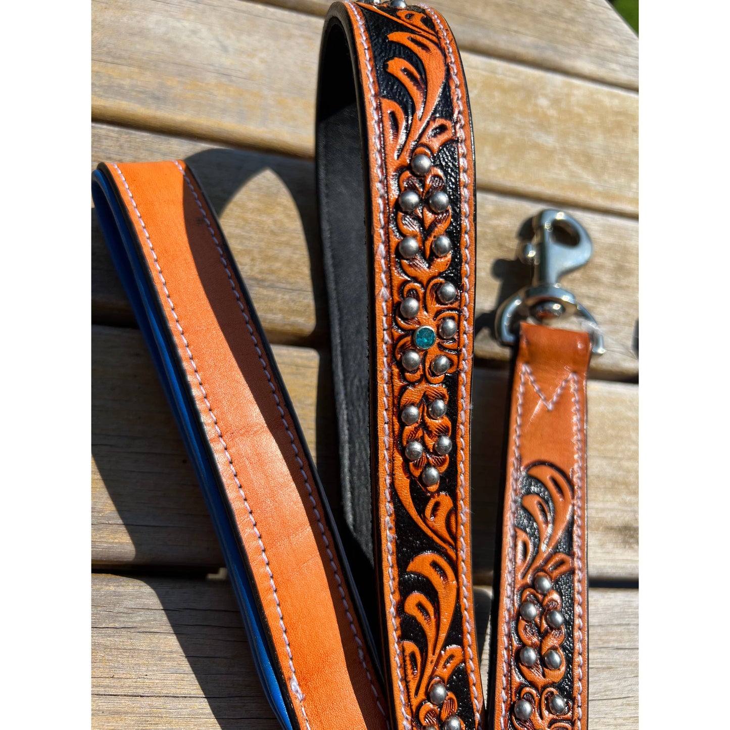 Western Tooled Leather Fancy Dog Leash Blue Padded Handle