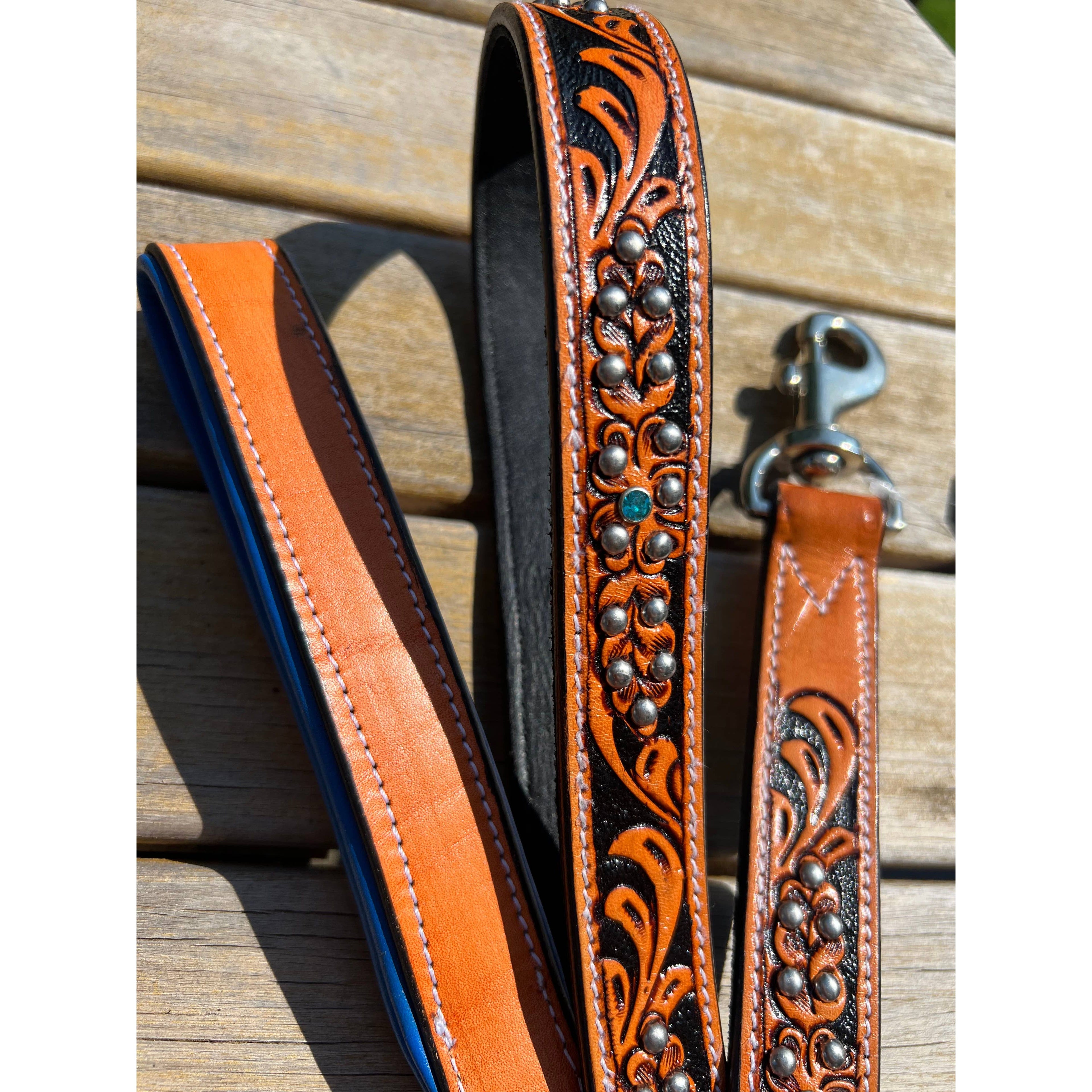Western Tooled Leather Fancy Dog Leash Blue Padded Handle