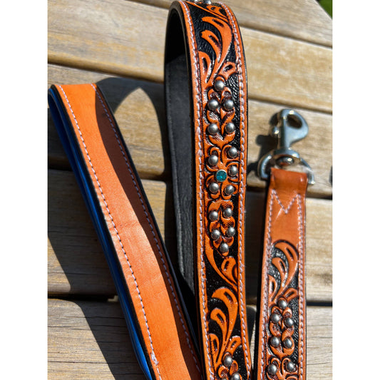 Western Tooled Leather Fancy Dog Leash Blue Padded Handle